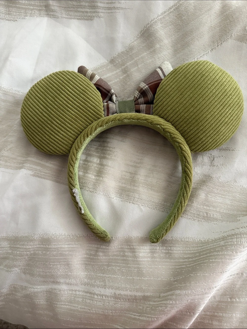 Green Corduroy Minnie Ear Headband with Plaid Bow